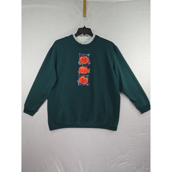 VTG Bobbie Brooks Pumpkins Embroidered Sweatshirt Mock Neck Green Women's Large - Picture 1 of 8